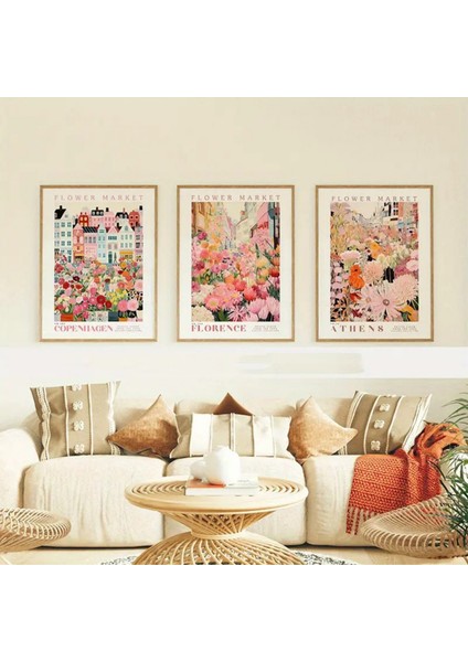 Doğal Ahşap Çerçeveli Uv Baskı 3'lü Renkli Şehir ve Çiçekler Tablo Seti – Modern & Şık Duvar Dekoru fiyatları