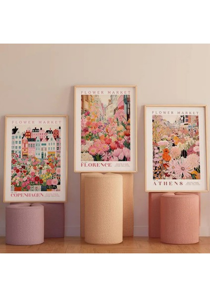 Doğal Ahşap Çerçeveli Uv Baskı 3'lü Renkli Şehir ve Çiçekler Tablo Seti – Modern & Şık Duvar Dekoru modelleri