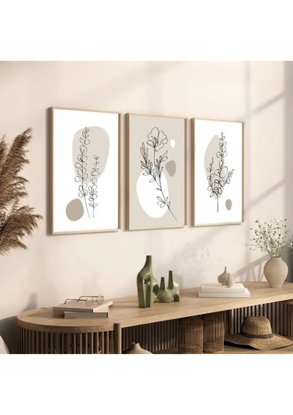 Doğal Ahşap Çerçeveli Uv Baskı 3'lü Soyut Çiçek Desenli Tablo Seti – Modern & Şık Duvar Dekoru