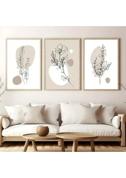 Doğal Ahşap Çerçeveli Uv Baskı 3'lü Soyut Çiçek Desenli Tablo Seti – Modern & Şık Duvar Dekoru fiyatları