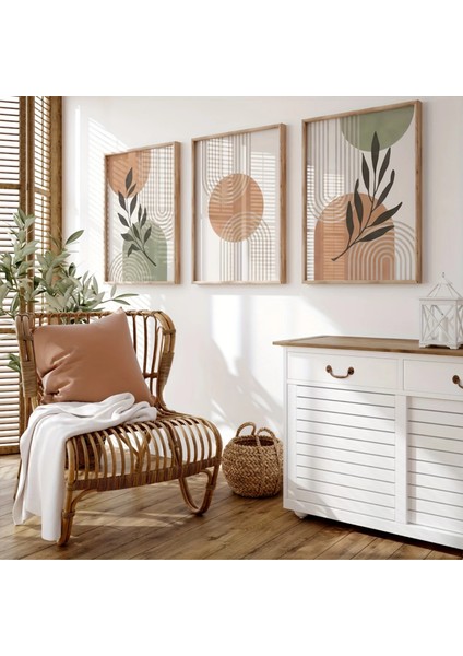 Doğal Ahşap Çerçeveli Uv Baskı 3'lü Soyut Desenli Tablo Seti – Modern & Şık Duvar Dekoru