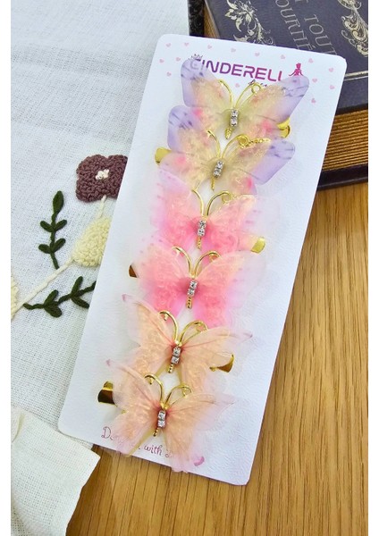 6'lı Özel Seri Tül Kanatlı Taşlı Kelebek Toka Seti 5cm - Hareketli Renkli Kelebekli Pens Saç Tokası