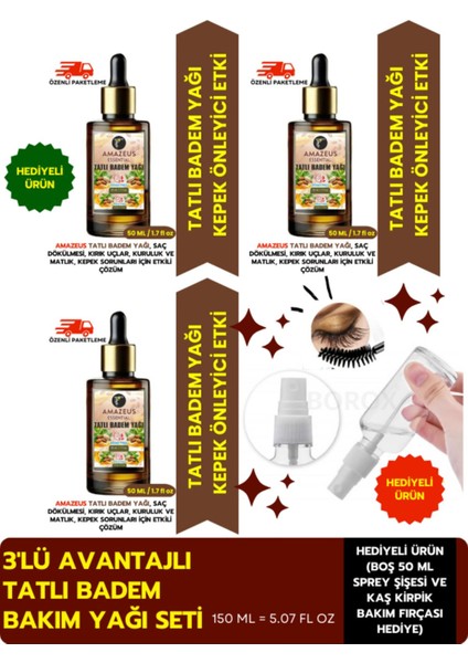 Tatlı Badem Yağı Seti (150ML) - Vegan / Kaş Kirpik Fırçası & Spreyli - Parabensiz, Katkısız