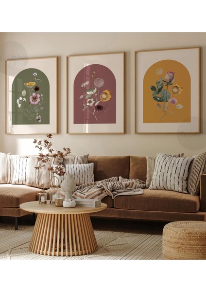 Doğal Ahşap Çerçeveli Uv Baskı 3'lü Renkli Çiçek Desenli Tablo Seti – Modern & Şık Duvar Dekoru