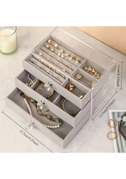 3 Katmanlı Akrilik Kadife Takı Kutusu Gri Organizer, Küpe, Kolye, Saat, Bileklik