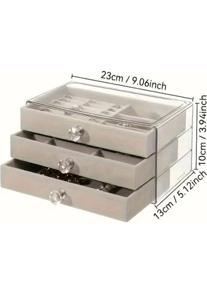 3 Katmanlı Akrilik Kadife Takı Kutusu Gri Organizer, Küpe, Kolye, Saat, Bileklik fiyatları