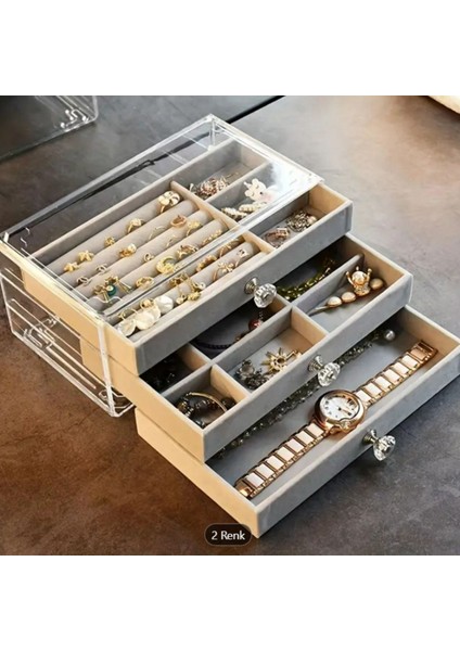 3 Katmanlı Akrilik Kadife Takı Kutusu Gri Organizer, Küpe, Kolye, Saat, Bileklik modelleri