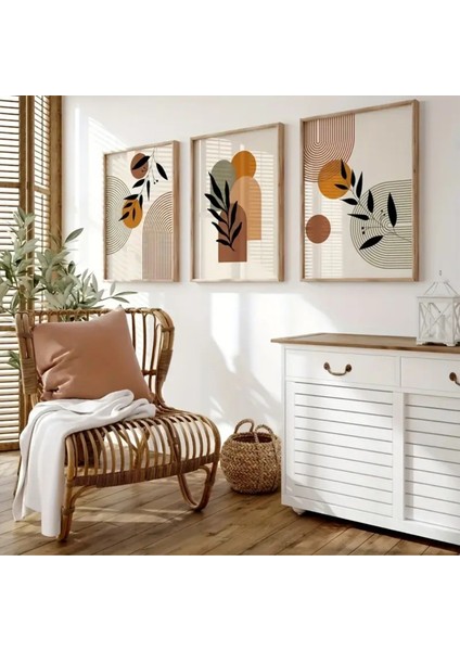 Doğal Ahşap Çerçeveli Uv Baskı 3'lü Soyut Desenli Tablo Seti – Modern & Şık Duvar Dekoru