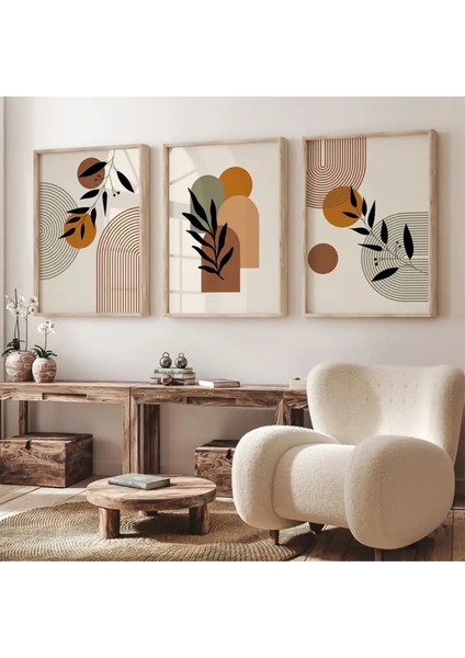 Doğal Ahşap Çerçeveli Uv Baskı 3'lü Soyut Desenli Tablo Seti – Modern & Şık Duvar Dekoru