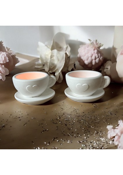 🕯️ Ikili Kalpli Fincan Mumluk Seti – Romantik Dekoratif Taş Tozu Tasarım 🕯️