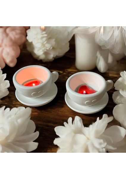 🕯️ Ikili Kalpli Fincan Mumluk Seti – Romantik Dekoratif Taş Tozu Tasarım 🕯️ modelleri