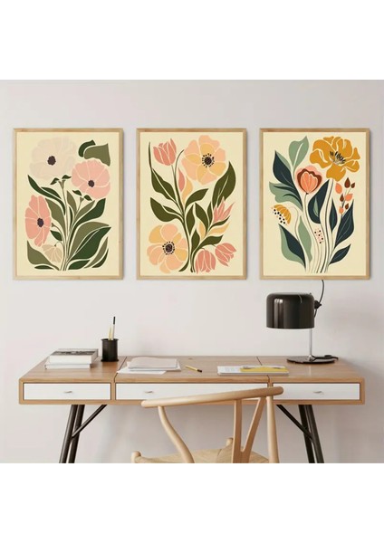 Doğal Ahşap Çerçeveli Uv Baskı 3lü Çiçek Desenli Duvar Tablosu Modern & Şık Duvar Dekoru