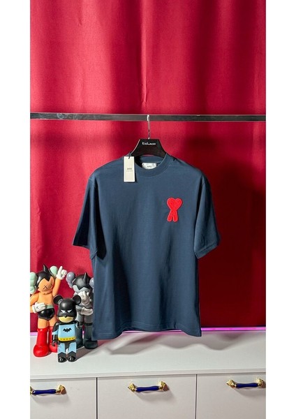 Kalp Logo Nakış Işlemeli Oversize Lacivert Erkek T-Shirt Nw