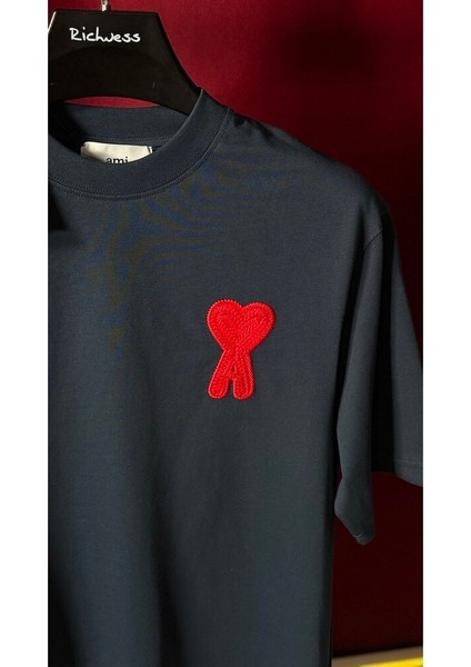 Kalp Logo Nakış Işlemeli Oversize Lacivert Erkek T-Shirt Nw modelleri