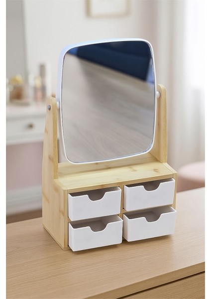 Bambu 4 Çekmeceli Aynalı Düzenleyici, Makyaj ve Takı Organizatörü