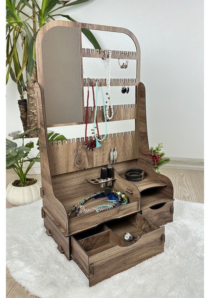 Ayna ve 2 Çekmeceli Çok Amaçlı Takı ve Kozmetik Düzenleyici, Kahverengi