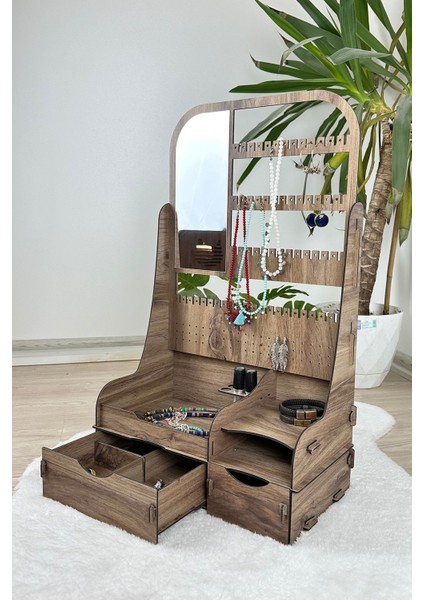 Ayna ve 2 Çekmeceli Çok Amaçlı Takı ve Kozmetik Düzenleyici, Kahverengi fırsatları