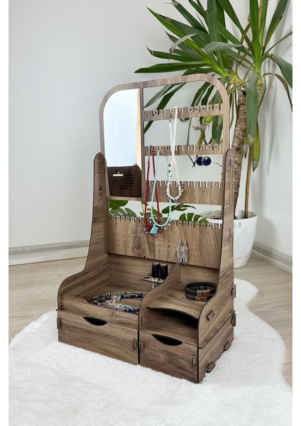 Ayna ve 2 Çekmeceli Çok Amaçlı Takı ve Kozmetik Düzenleyici, Kahverengi indirimleri