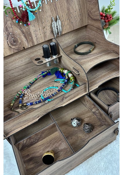 Ayna ve 2 Çekmeceli Çok Amaçlı Takı ve Kozmetik Düzenleyici, Kahverengi