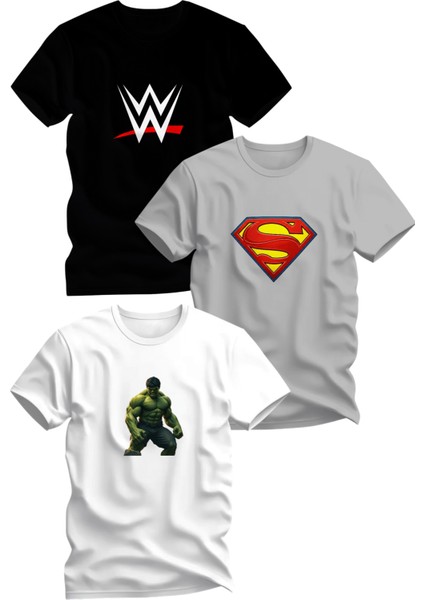 Üçlü Kaliteli Baskılı Penye Erkek Çocuk Beyaz Siyah Gri Tshirt 5 6 7 8 9 10 11 12 13 14 Yaş Hulk Superman Wwe