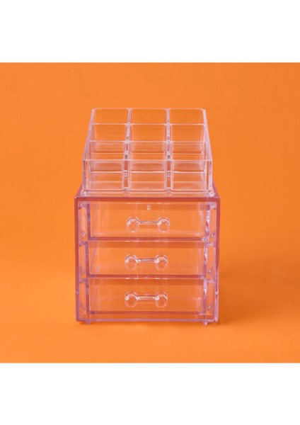 Şeffaf 3 Çekmeceli Takı ve Makyaj Organizeri, 15X13X18 Cm, Turuncu