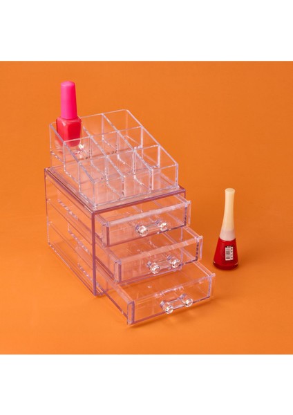 Şeffaf 3 Çekmeceli Takı ve Makyaj Organizeri, 15X13X18 Cm, Turuncu modelleri