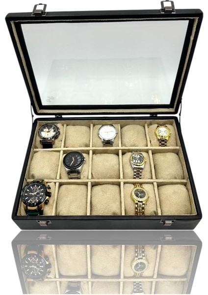 Şık 15’li Saat Kutusu, Siyah ve Bej Renk Seçenekleri, Güvenle Saklama Sağlar