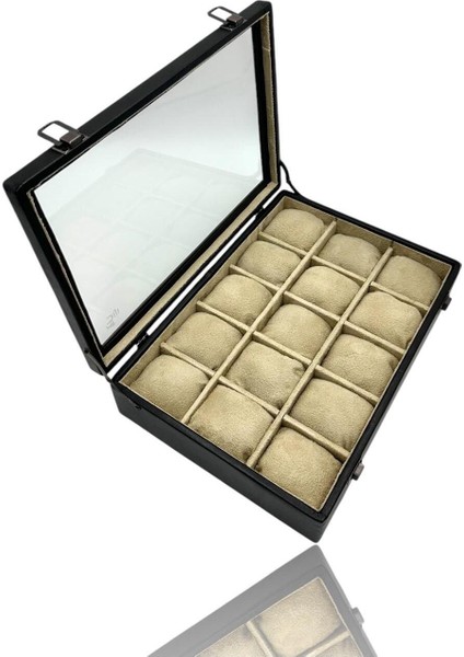 Şık 15’li Saat Kutusu, Siyah ve Bej Renk Seçenekleri, Güvenle Saklama Sağlar modelleri