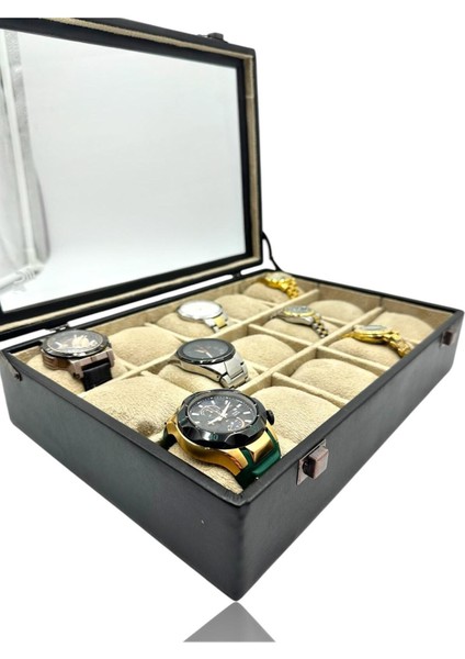 Şık 15’li Saat Kutusu, Siyah ve Bej Renk Seçenekleri, Güvenle Saklama Sağlar fırsatları