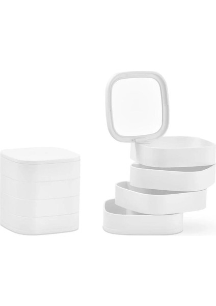 4 Katlı Aynalı Kare Dönebilen Takı Organizer Kutusu, Şık ve Pratik Saklama Çözümü