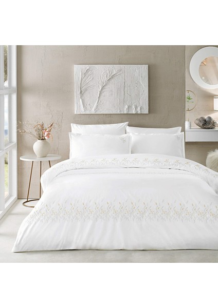 Premium Chıffon Pamuk Brode Çift Kişilik Nevresim Takımı Beyaz