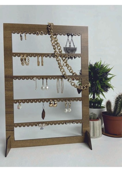 Kahverengi Mdf Dikdörtgen Lazer Kesim Dekoratif Takı Küpe Standı