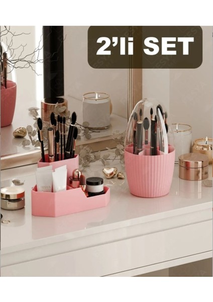 7 Bölmeli Üçgen Makyaj Düzenleyici Seti, Masaüstü Organizer, Pembe