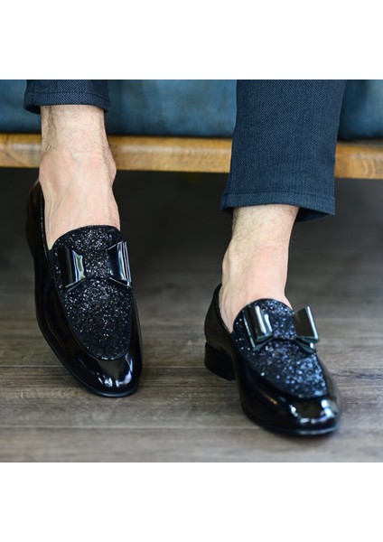 Papyonlu Damatlık Hakiki Deri Iç Dış Deri Erkek Siyah Ayakkabı