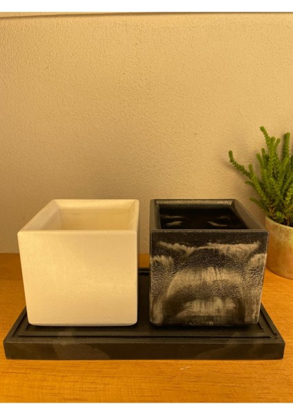 Şık Dekoratif Taş Tozu Kare Organizer Seti - Saksı, Kalemlik, Diş Fırçalık Siyah