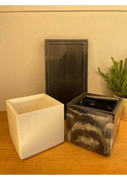 Şık Dekoratif Taş Tozu Kare Organizer Seti - Saksı, Kalemlik, Diş Fırçalık Siyah modelleri