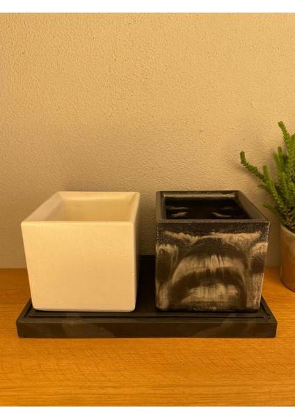 Şık Dekoratif Taş Tozu Kare Organizer Seti - Saksı, Kalemlik, Diş Fırçalık Siyah indirimleri