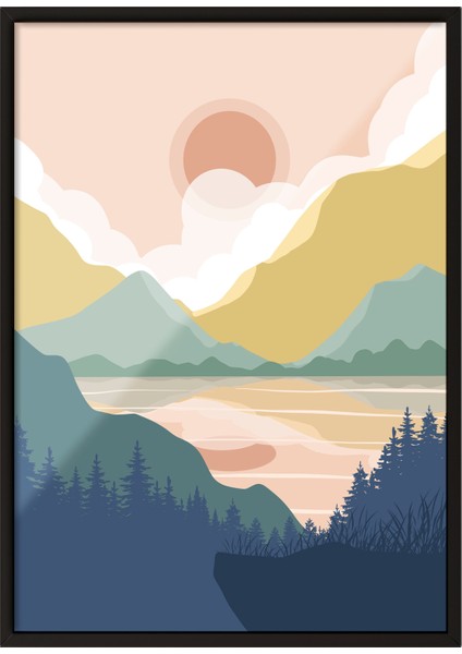 Siyah Çerçeveli Tablo, Turuncu Dağ Manzarası Minimal Çizim, Yatak Odası Dekoru Poster No: 107955