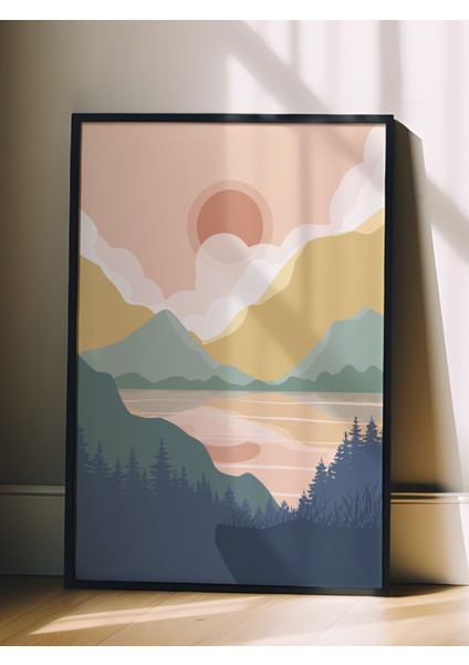 Siyah Çerçeveli Tablo, Turuncu Dağ Manzarası Minimal Çizim, Yatak Odası Dekoru Poster No: 107955 fiyatları