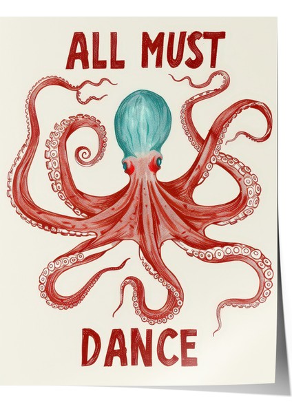 Çerçevesiz Poster, Dans Eden Ahtapot Mizahi Çizim, Genç Odası Dekoru Poster No: 108064