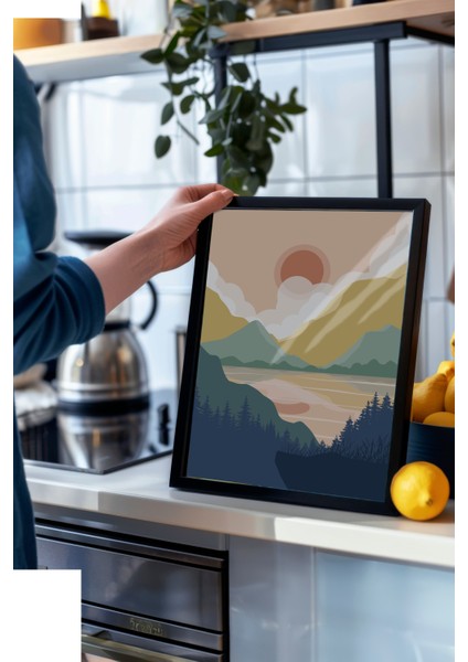 Siyah Çerçeveli Tablo, Turuncu Dağ Manzarası Minimal Çizim, Yatak Odası Dekoru Poster No: 107955 modelleri