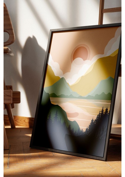 Siyah Çerçeveli Tablo, Turuncu Dağ Manzarası Minimal Çizim, Yatak Odası Dekoru Poster No: 107955 fırsatları