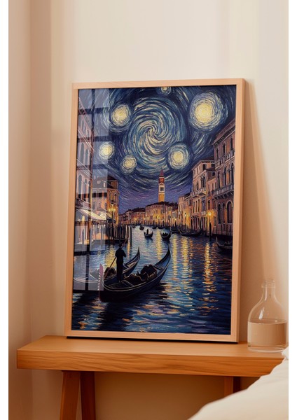 Ahşap Çerçeveli Tablo, Van Gogh Stili Yıldızlı Gece Sahil Yorumu, Salon Dekoru Poster No: 108466 fiyatları