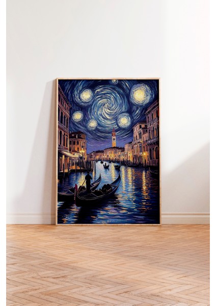 Ahşap Çerçeveli Tablo, Van Gogh Stili Yıldızlı Gece Sahil Yorumu, Salon Dekoru Poster No: 108466 modelleri