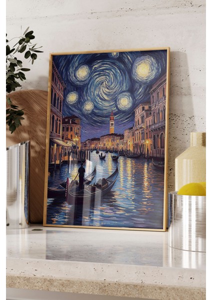 Ahşap Çerçeveli Tablo, Van Gogh Stili Yıldızlı Gece Sahil Yorumu, Salon Dekoru Poster No: 108466 fırsatları