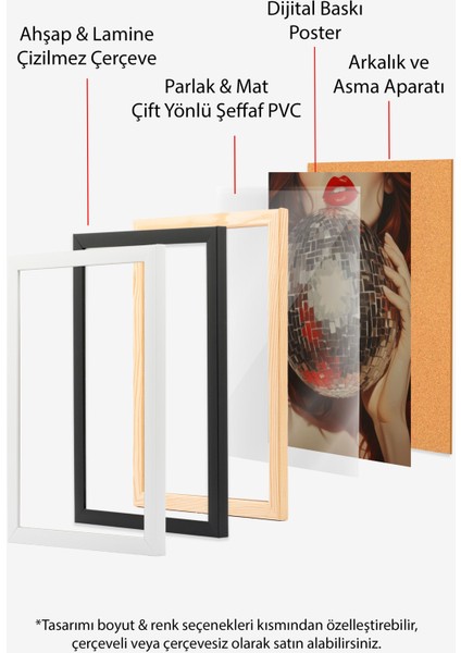 Ahşap Çerçeveli Tablo, Disko Toplu Kadın Portresi, Genç Odası Dekoru Poster No: 109606