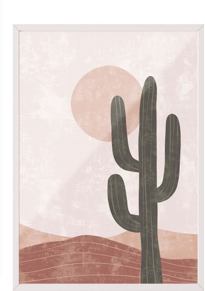 Beyaz Çerçeveli Tablo, Minimal Kaktüs Çöl Illüstrasyonu, Ofis Dekoru Poster No: 107957