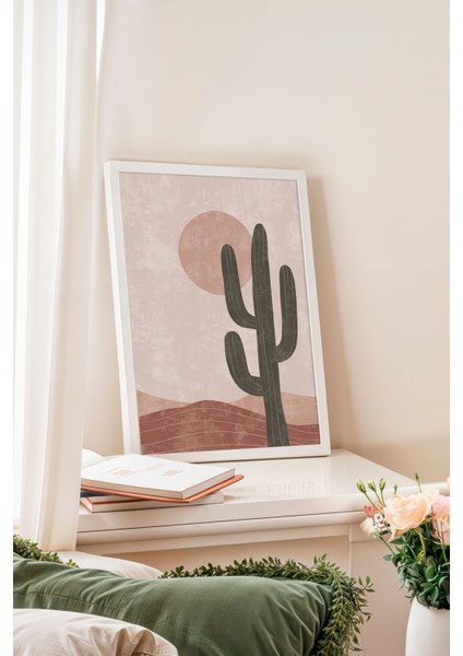 Beyaz Çerçeveli Tablo, Minimal Kaktüs Çöl Illüstrasyonu, Ofis Dekoru Poster No: 107957 fiyatları