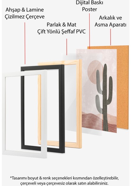 Beyaz Çerçeveli Tablo, Minimal Kaktüs Çöl Illüstrasyonu, Ofis Dekoru Poster No: 107957 indirimleri