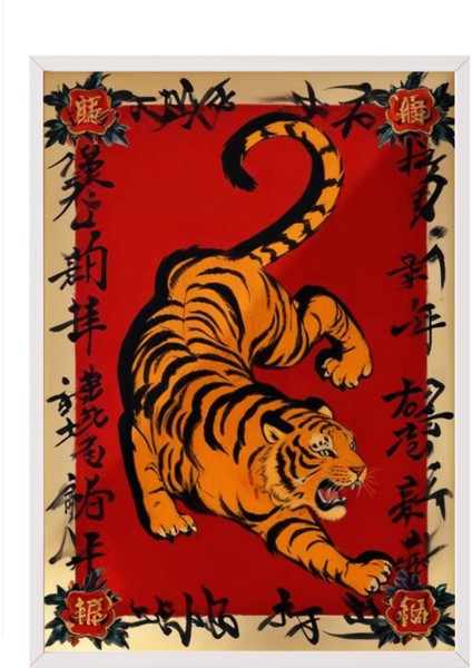 Beyaz Çerçeveli Tablo, Kaplan Desenli Kırmızı Arka Plan, Ofis Dekoru Poster No: 109611